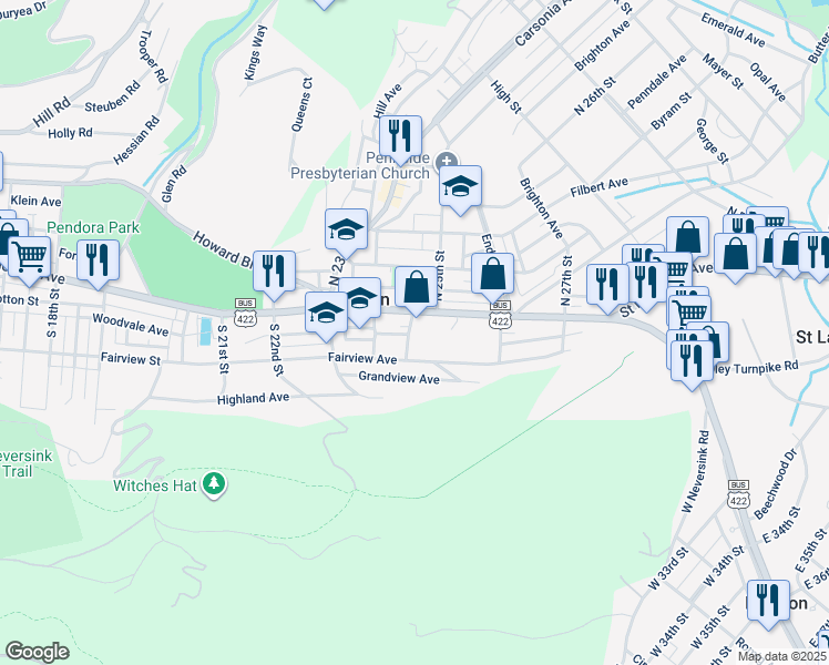 map of restaurants, bars, coffee shops, grocery stores, and more near 9 Pennwyn Terrace in Mount Penn