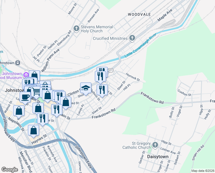 map of restaurants, bars, coffee shops, grocery stores, and more near Furlong Pl in Johnstown