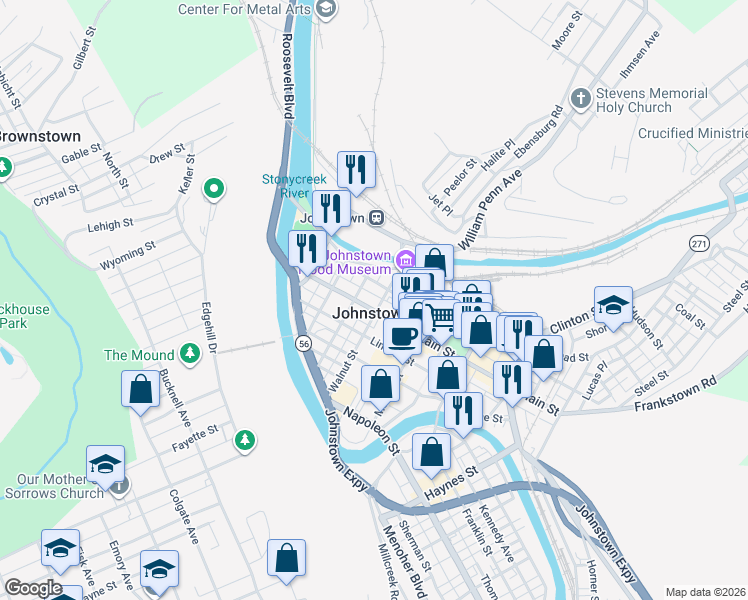 map of restaurants, bars, coffee shops, grocery stores, and more near 229 Main Street in Johnstown