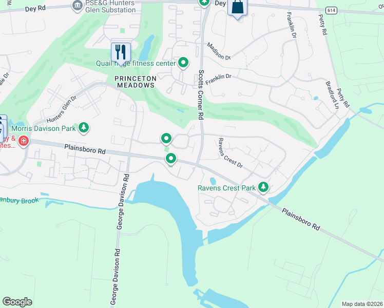 map of restaurants, bars, coffee shops, grocery stores, and more near 34 Hampshire Drive in Princeton Meadows