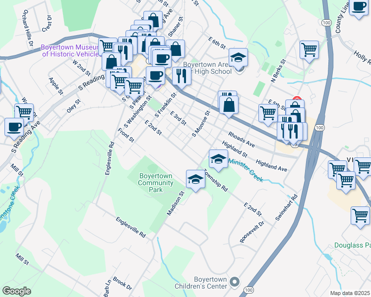 map of restaurants, bars, coffee shops, grocery stores, and more near 120 South Monroe Street in Boyertown