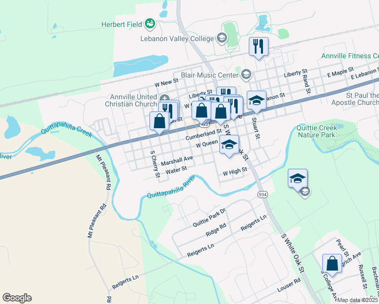 map of restaurants, bars, coffee shops, grocery stores, and more near 115 South King Street in Annville