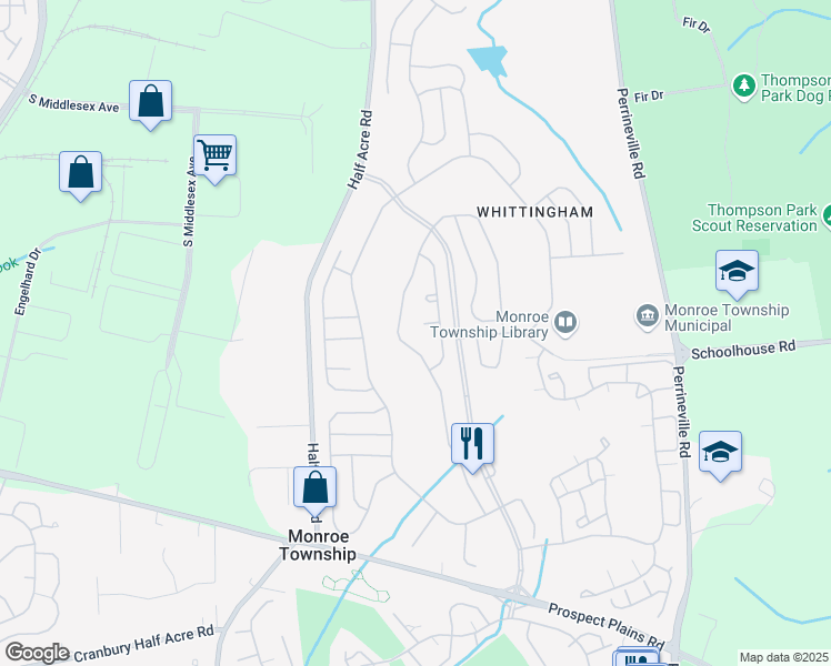 map of restaurants, bars, coffee shops, grocery stores, and more near 9 Geoffrey Court in Monroe Township