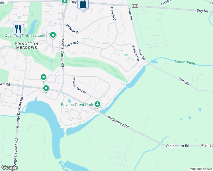 map of restaurants, bars, coffee shops, grocery stores, and more near 1801 Ravens Crest Drive in Plainsboro Township