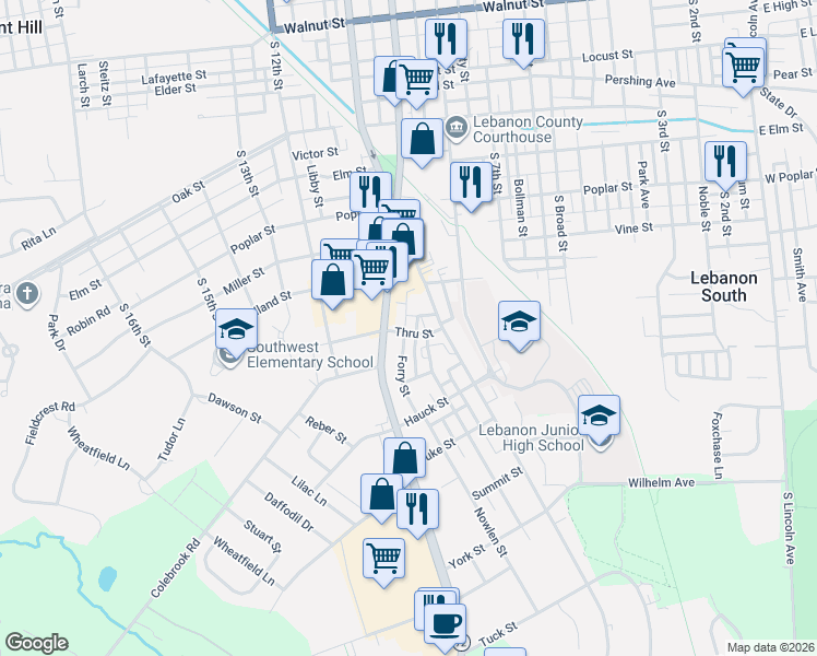 map of restaurants, bars, coffee shops, grocery stores, and more near 835 Kreider Street in Lebanon