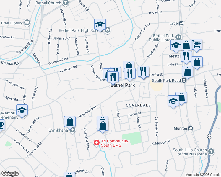 map of restaurants, bars, coffee shops, grocery stores, and more near 2940 South Park Road in Bethel Park