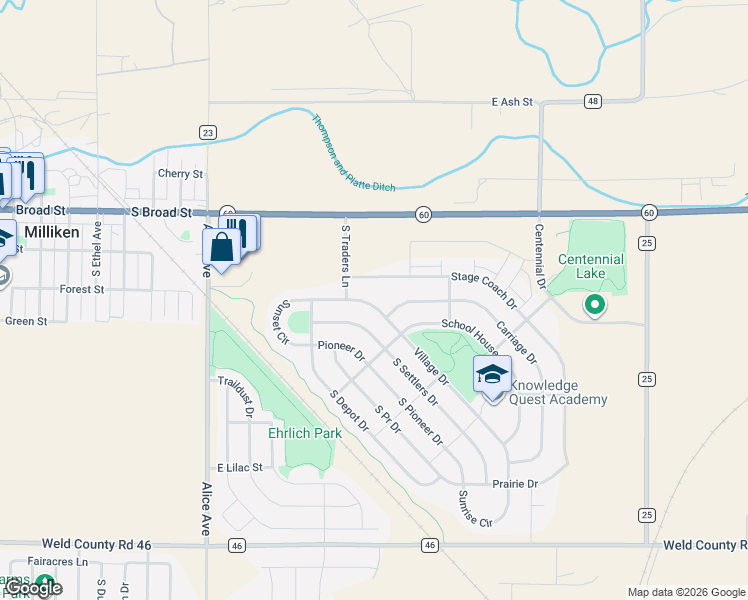 map of restaurants, bars, coffee shops, grocery stores, and more near 2192 Stage Coach Drive in Milliken