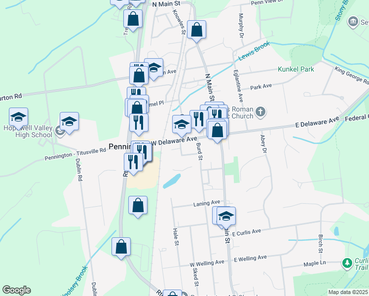 map of restaurants, bars, coffee shops, grocery stores, and more near 112 West Delaware Avenue in Pennington