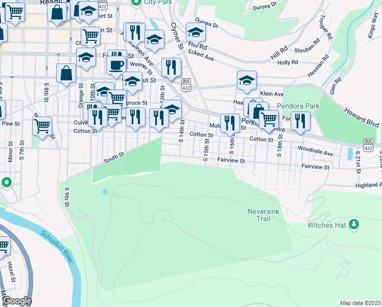 map of restaurants, bars, coffee shops, grocery stores, and more near 1437 Fairview Street in Reading