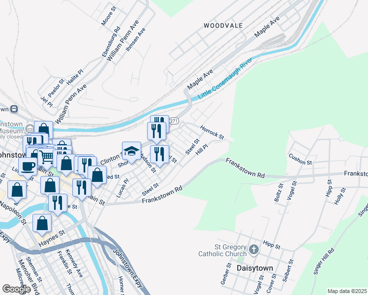 map of restaurants, bars, coffee shops, grocery stores, and more near Chapin Street in Johnstown