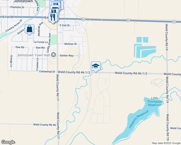 map of restaurants, bars, coffee shops, grocery stores, and more near 8316 County Road 46 1/2 in Milliken