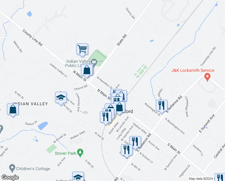 map of restaurants, bars, coffee shops, grocery stores, and more near 29 Fulton Avenue in Telford