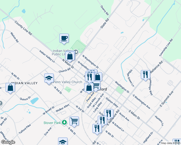 map of restaurants, bars, coffee shops, grocery stores, and more near 29 Fulton Avenue in Telford
