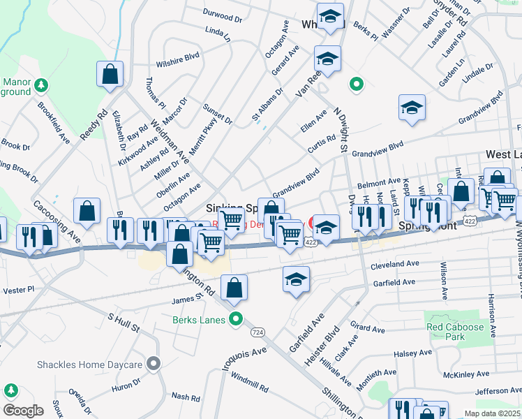 map of restaurants, bars, coffee shops, grocery stores, and more near 3116 Grandview Boulevard in Sinking Spring