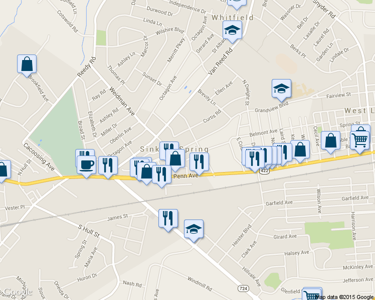 map of restaurants, bars, coffee shops, grocery stores, and more near 3116 Grandview Boulevard in Sinking Spring