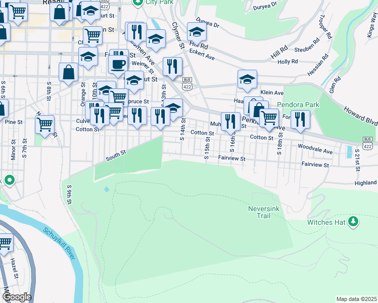 map of restaurants, bars, coffee shops, grocery stores, and more near 1425 Fairview Street in Reading