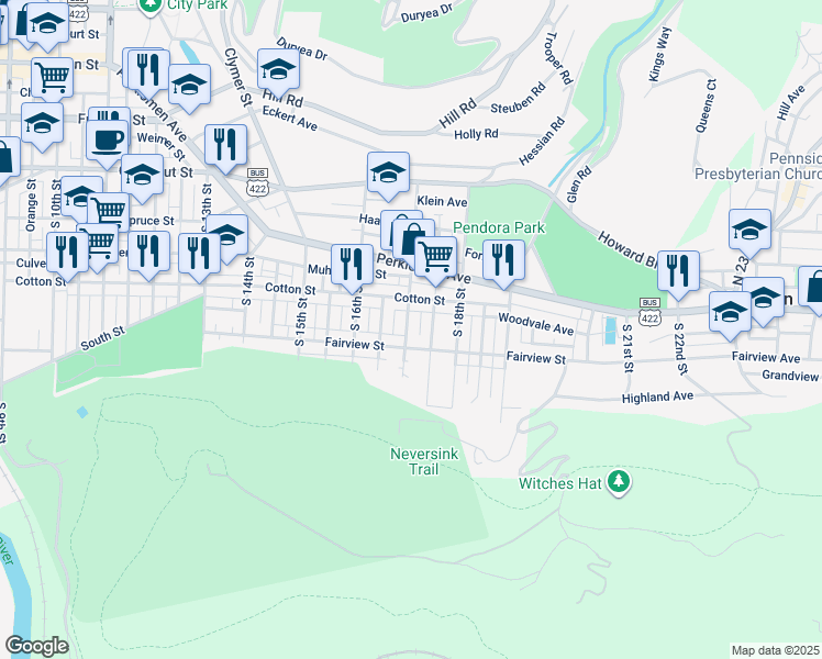 map of restaurants, bars, coffee shops, grocery stores, and more near 535 South 17th Street in Reading
