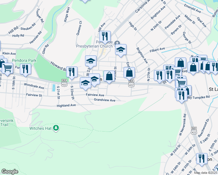 map of restaurants, bars, coffee shops, grocery stores, and more near 7 Pennwyn Terrace in Mount Penn