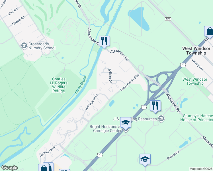 map of restaurants, bars, coffee shops, grocery stores, and more near 18 Hanover Court in Princeton