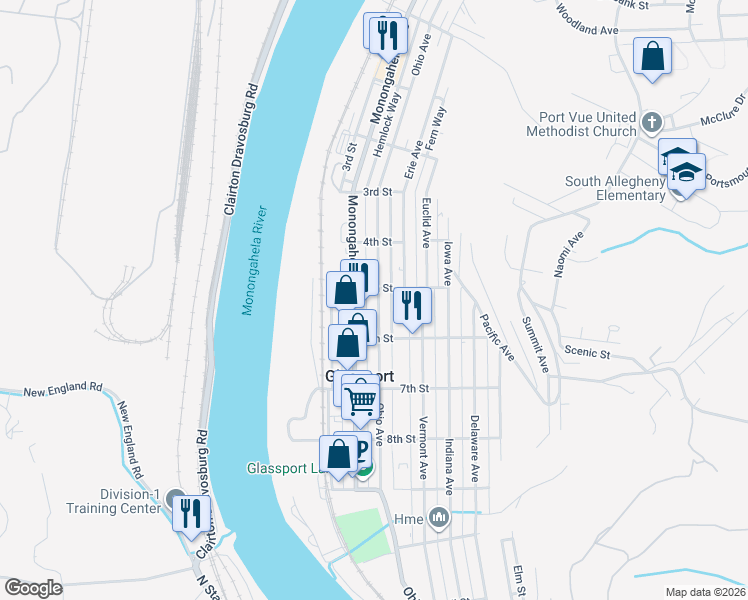 map of restaurants, bars, coffee shops, grocery stores, and more near 508 Ohio Avenue in Glassport