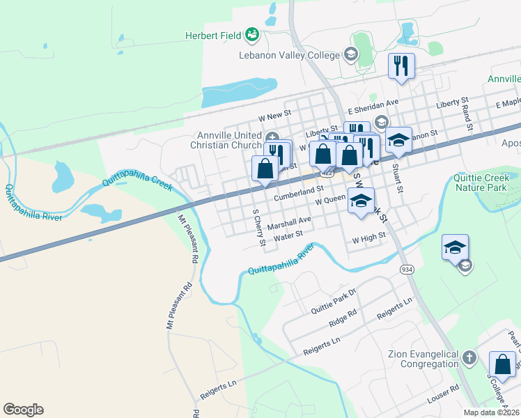 map of restaurants, bars, coffee shops, grocery stores, and more near 345 West Queen Street in Annville