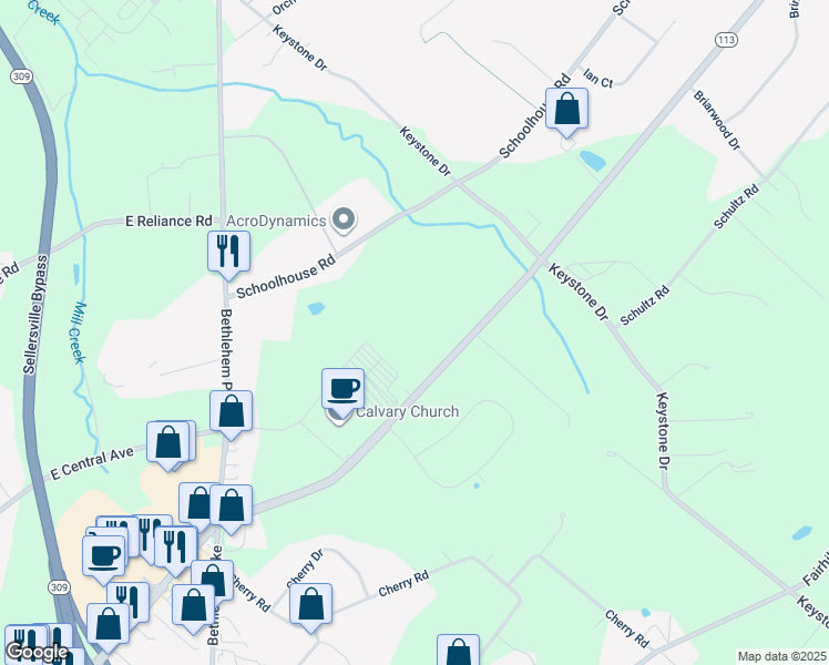 map of restaurants, bars, coffee shops, grocery stores, and more near 826 Pennsylvania 113 in Souderton