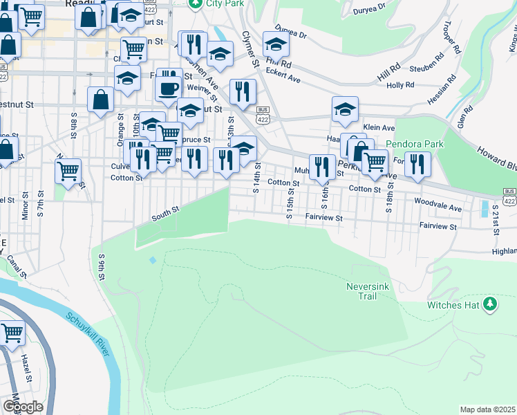 map of restaurants, bars, coffee shops, grocery stores, and more near 561 South 14th Street in Reading