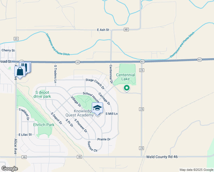 map of restaurants, bars, coffee shops, grocery stores, and more near 2681 Stage Coach Drive in Milliken
