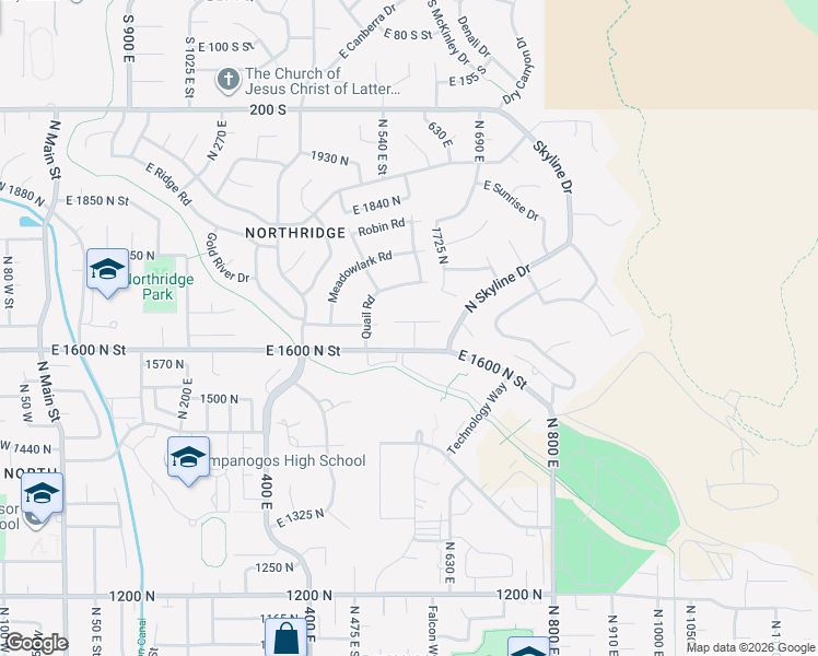 map of restaurants, bars, coffee shops, grocery stores, and more near 560 East 1640 North Street in Orem