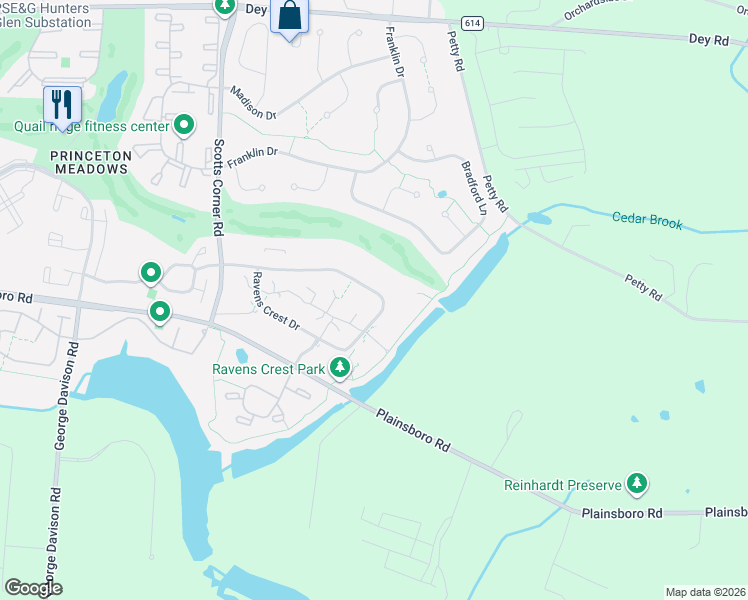 map of restaurants, bars, coffee shops, grocery stores, and more near 5320 Ravens Crest Drive in Princeton Meadows