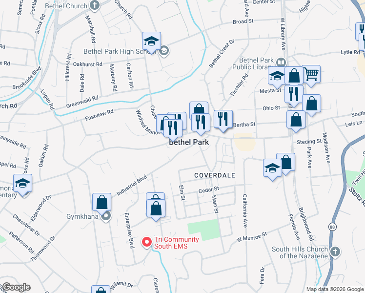 map of restaurants, bars, coffee shops, grocery stores, and more near 2936 Industrial Boulevard in Bethel Park
