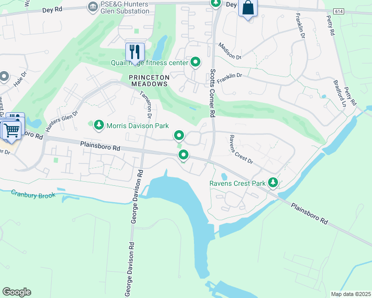 map of restaurants, bars, coffee shops, grocery stores, and more near 47 Hampshire Drive in Princeton Meadows