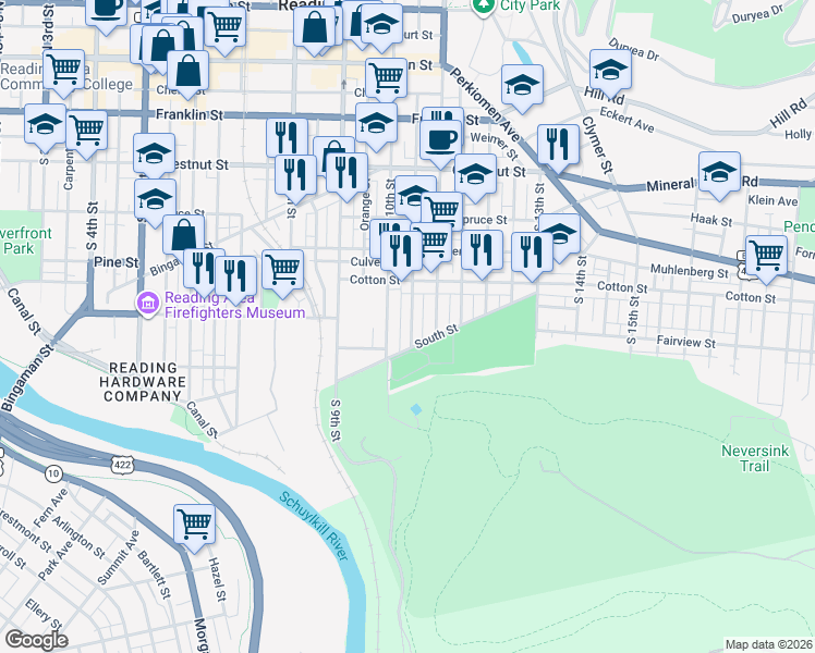 map of restaurants, bars, coffee shops, grocery stores, and more near 543 South 10th Street in Reading