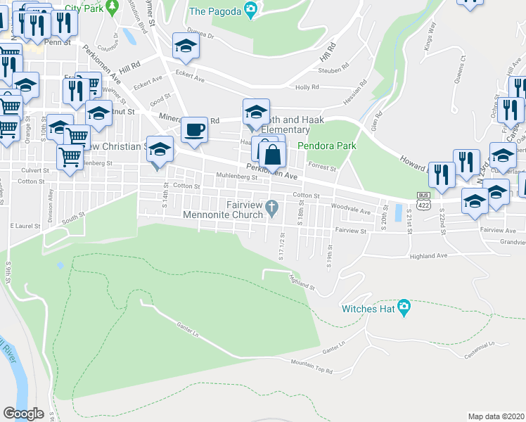 map of restaurants, bars, coffee shops, grocery stores, and more near 536 South 17th Street in Reading