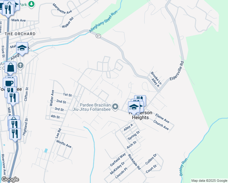 map of restaurants, bars, coffee shops, grocery stores, and more near 130 Willow Lane in Follansbee