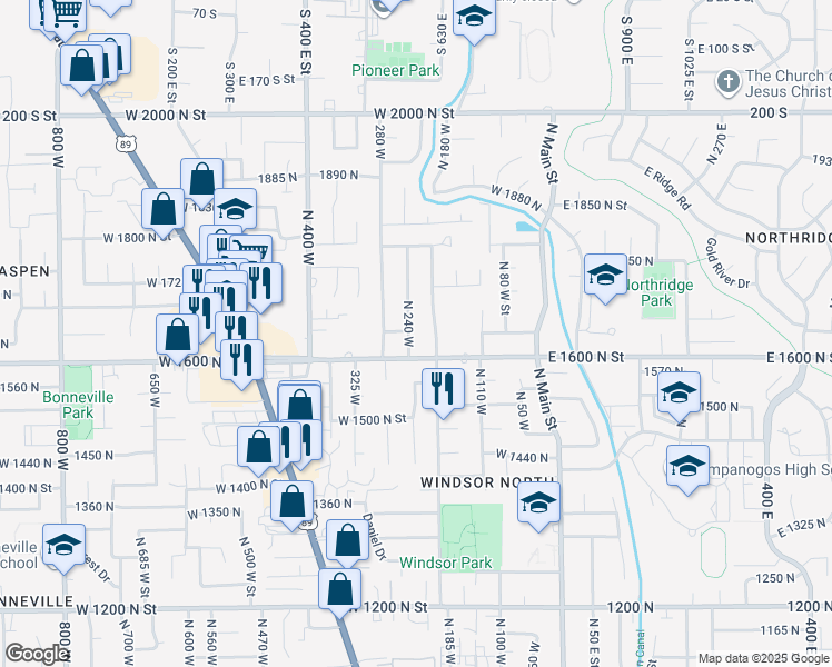 map of restaurants, bars, coffee shops, grocery stores, and more near 262 West 1645 North in Orem