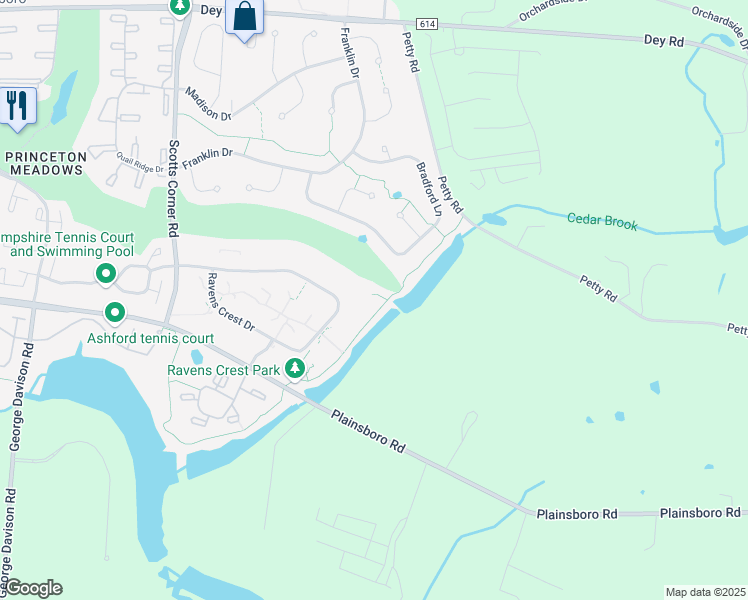 map of restaurants, bars, coffee shops, grocery stores, and more near 1401 Ravens Crest Drive in Princeton Meadows