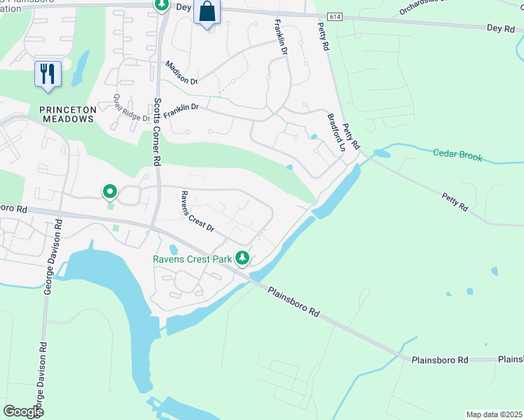 map of restaurants, bars, coffee shops, grocery stores, and more near 1801 Ravens Crest Drive in Plainsboro Township