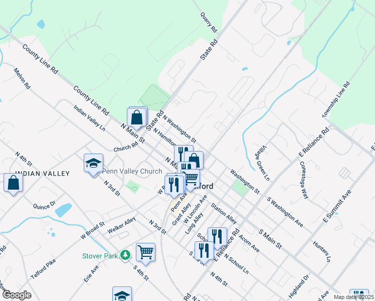 map of restaurants, bars, coffee shops, grocery stores, and more near 237 North Hamilton Street in Telford