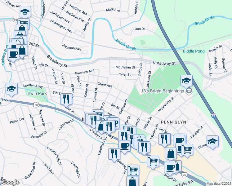 map of restaurants, bars, coffee shops, grocery stores, and more near 517 Greene Street in Irwin