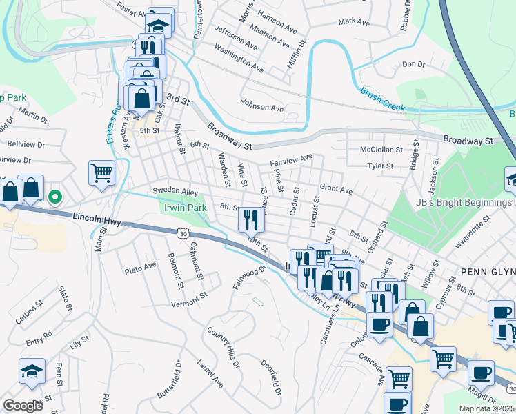 map of restaurants, bars, coffee shops, grocery stores, and more near in Irwin