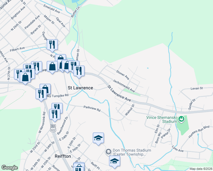 map of restaurants, bars, coffee shops, grocery stores, and more near 3350 Saint Lawrence Avenue in Reading
