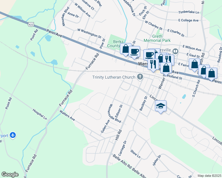 map of restaurants, bars, coffee shops, grocery stores, and more near 303 Columbus St in Wernersville