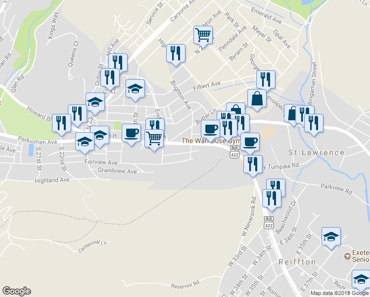 map of restaurants, bars, coffee shops, grocery stores, and more near 2642 Perkiomen Avenue in Reading
