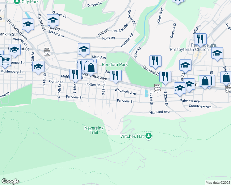 map of restaurants, bars, coffee shops, grocery stores, and more near 523 South 18 1/2 Street in Reading