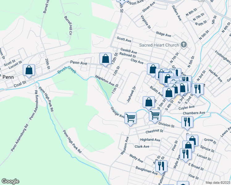 map of restaurants, bars, coffee shops, grocery stores, and more near 210 11th Street in Jeannette