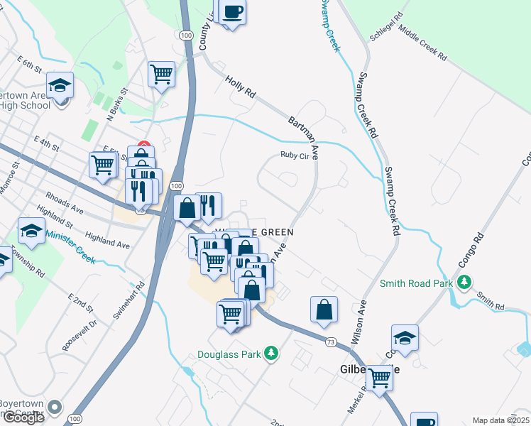 map of restaurants, bars, coffee shops, grocery stores, and more near 1408 Village Green Dr in Gilbertsville