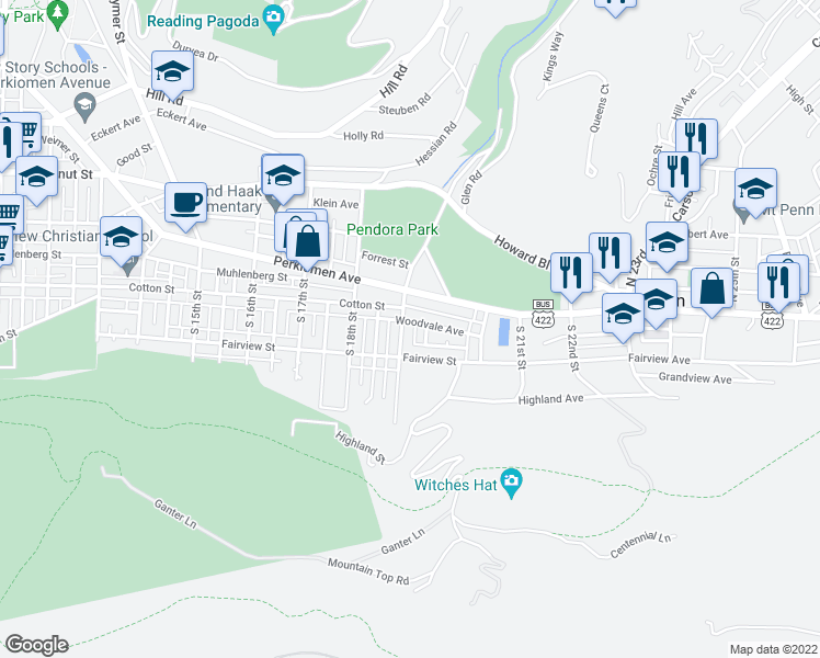 map of restaurants, bars, coffee shops, grocery stores, and more near 505 South 19th Street in Reading