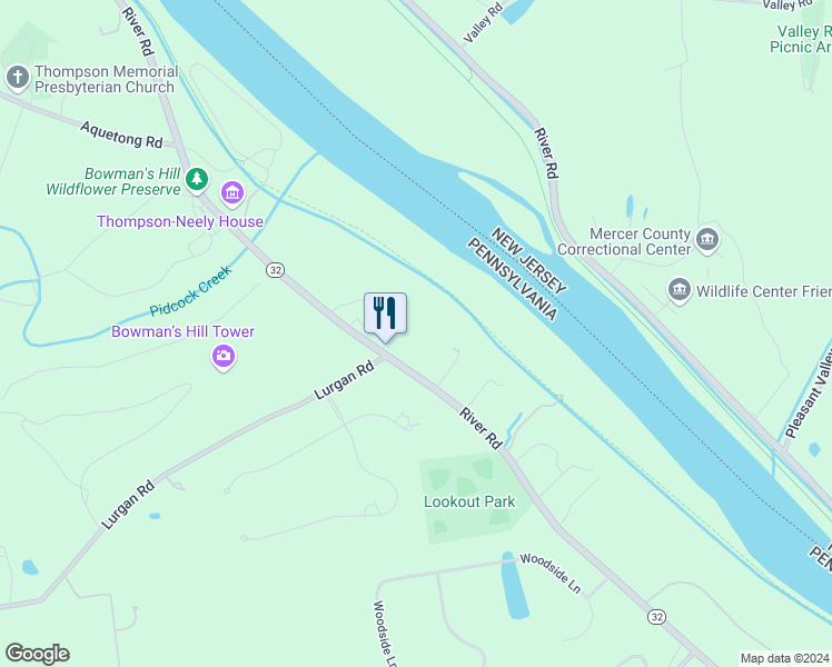 map of restaurants, bars, coffee shops, grocery stores, and more near 1596 River Road in New Hope