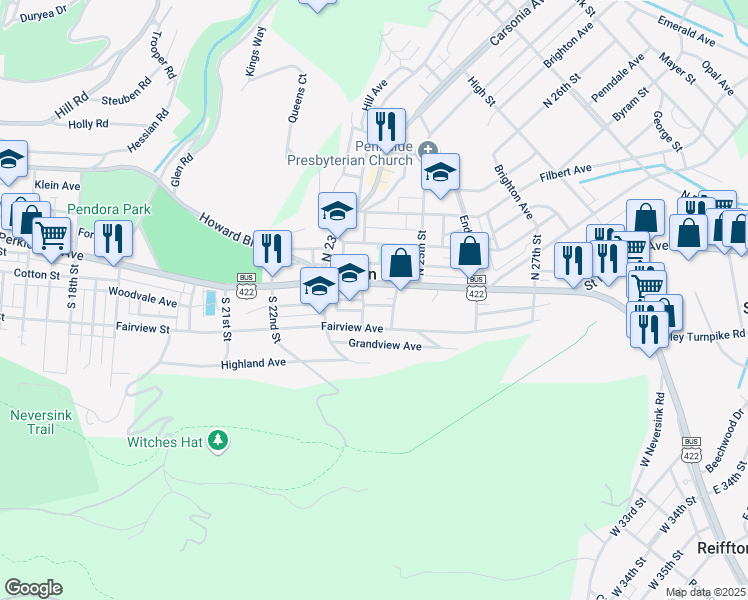 map of restaurants, bars, coffee shops, grocery stores, and more near 2420 Perkiomen Avenue in Mount Penn